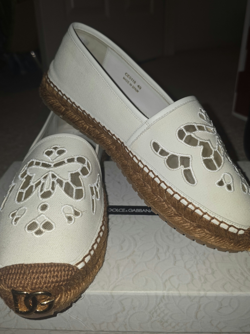 Dolce & Gabbana White Canvas Cutout Espadrille Flats with Braided Rope Sole